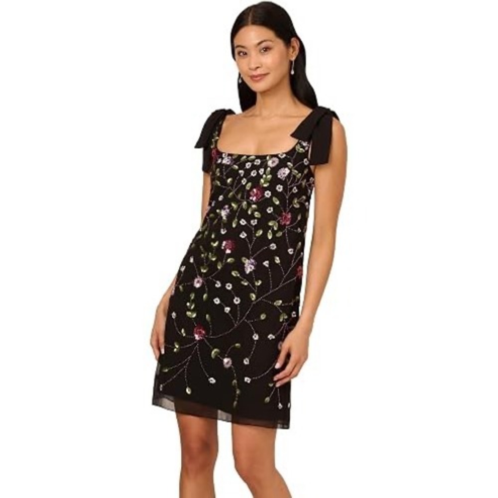 NWT Adrianna Papell Black Floral Beaded Sequin Shift Dress Size 8 Retails $229